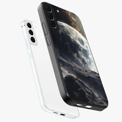 Lunar Horizon Glow Glass Case displayed in angled mockup highlighting celestial moon design with dreamy night aesthetic.