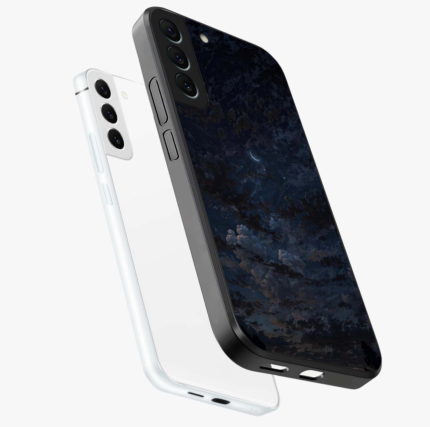 Lunar Veil Silence Glass Case displayed in angled mockup highlighting soft lunar design with peaceful celestial aesthetic.