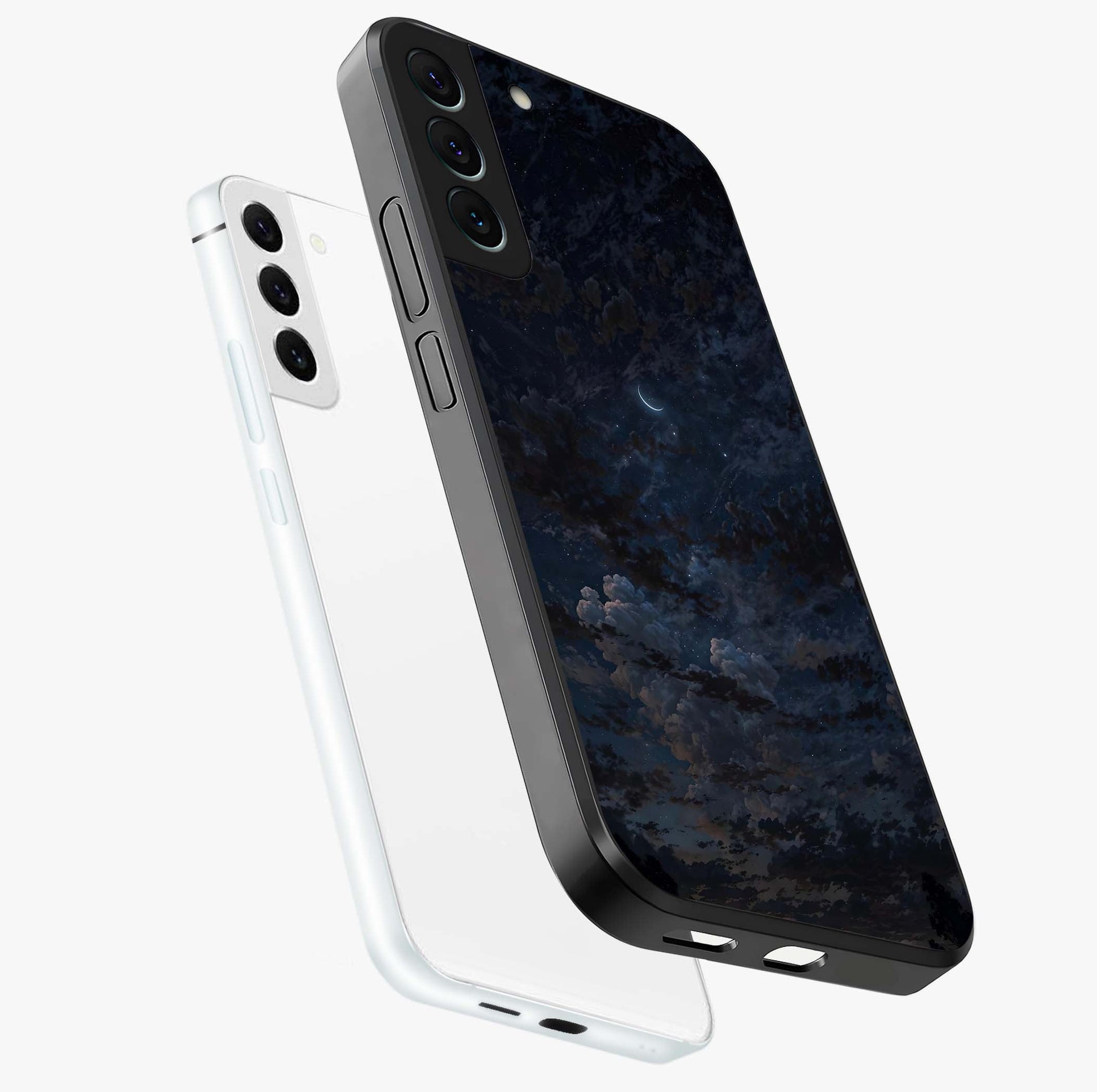 Lunar Veil Silence Glass Case displayed in angled mockup highlighting soft lunar design with peaceful celestial aesthetic.