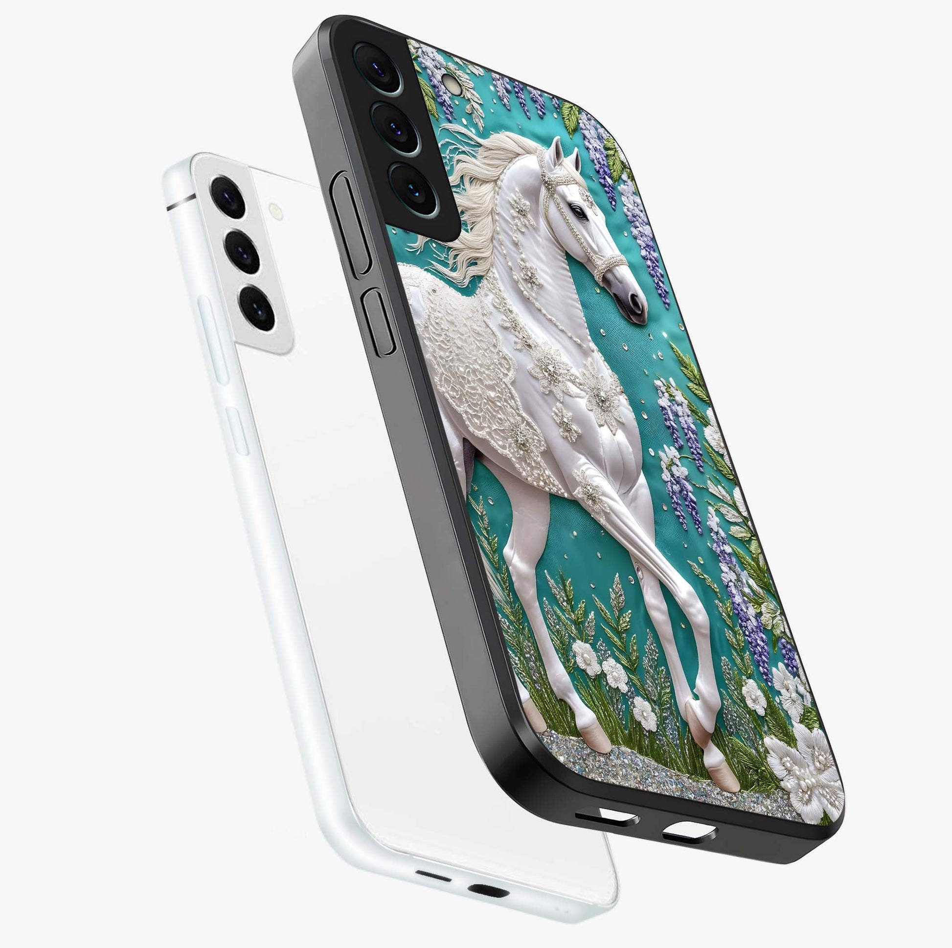 Majestic Floral Stallion Glass Case displayed in angled mockup highlighting majestic stallion illustration with elegant floral aesthetic.
