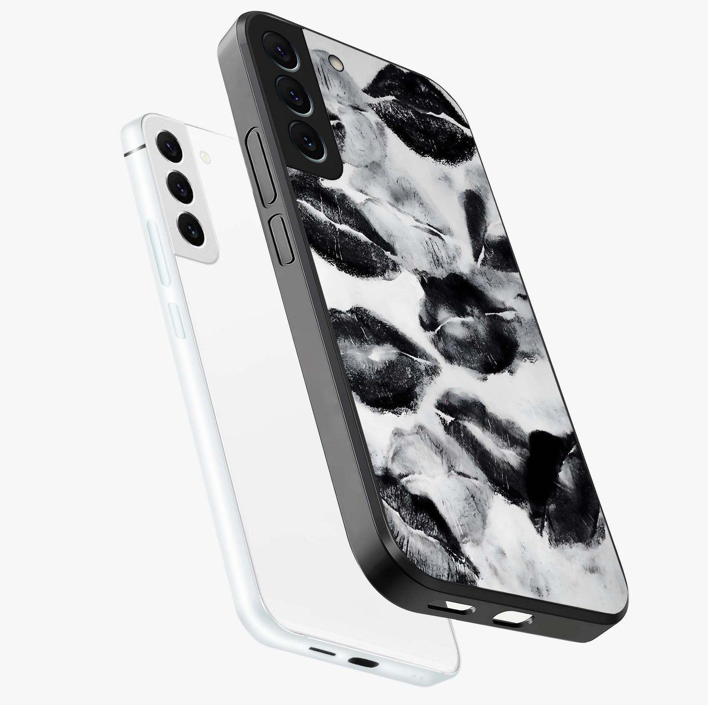 Midnight Kiss Marks Glass Case displayed in angled mockup highlighting playful romantic design with bold midnight aesthetic.