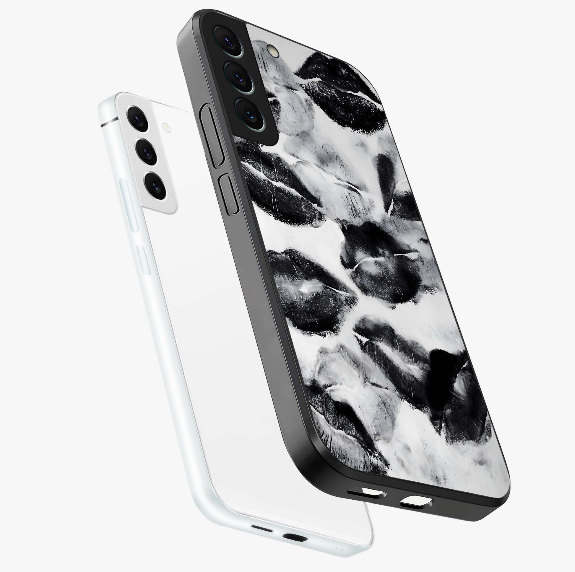 Midnight Kiss Marks Glass Case displayed in angled mockup highlighting playful romantic design with bold midnight aesthetic.