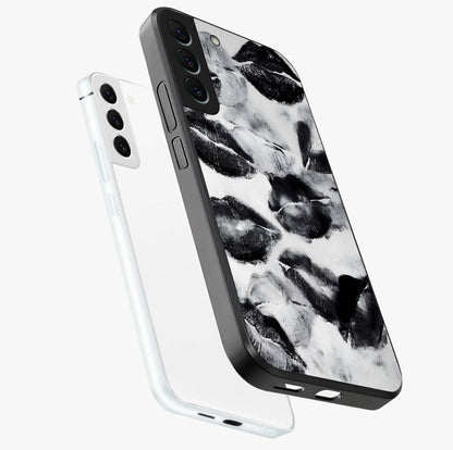 Midnight Kiss Marks Glass Case displayed in angled mockup highlighting playful romantic design with bold midnight aesthetic.