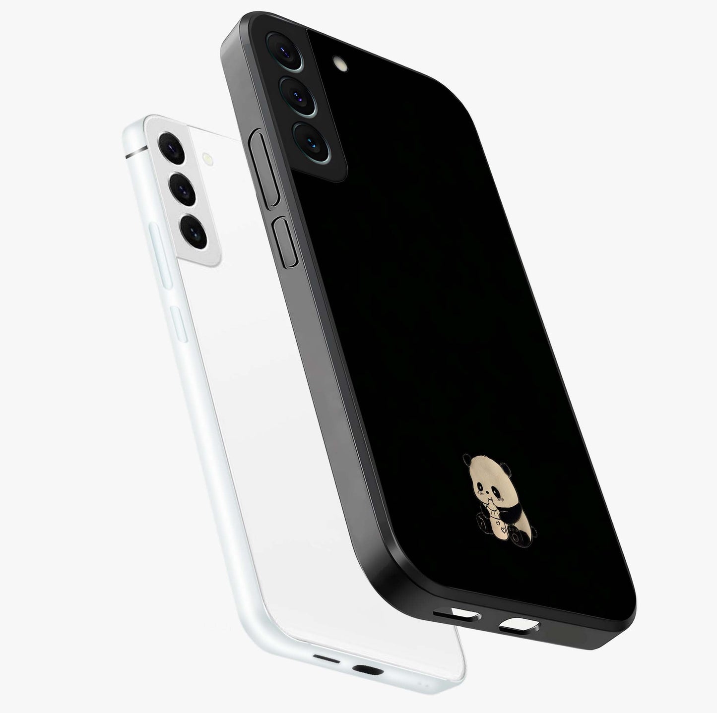 Midnight Panda Love Glass Case displayed in angled mockup highlighting adorable panda illustration with midnight aesthetic.