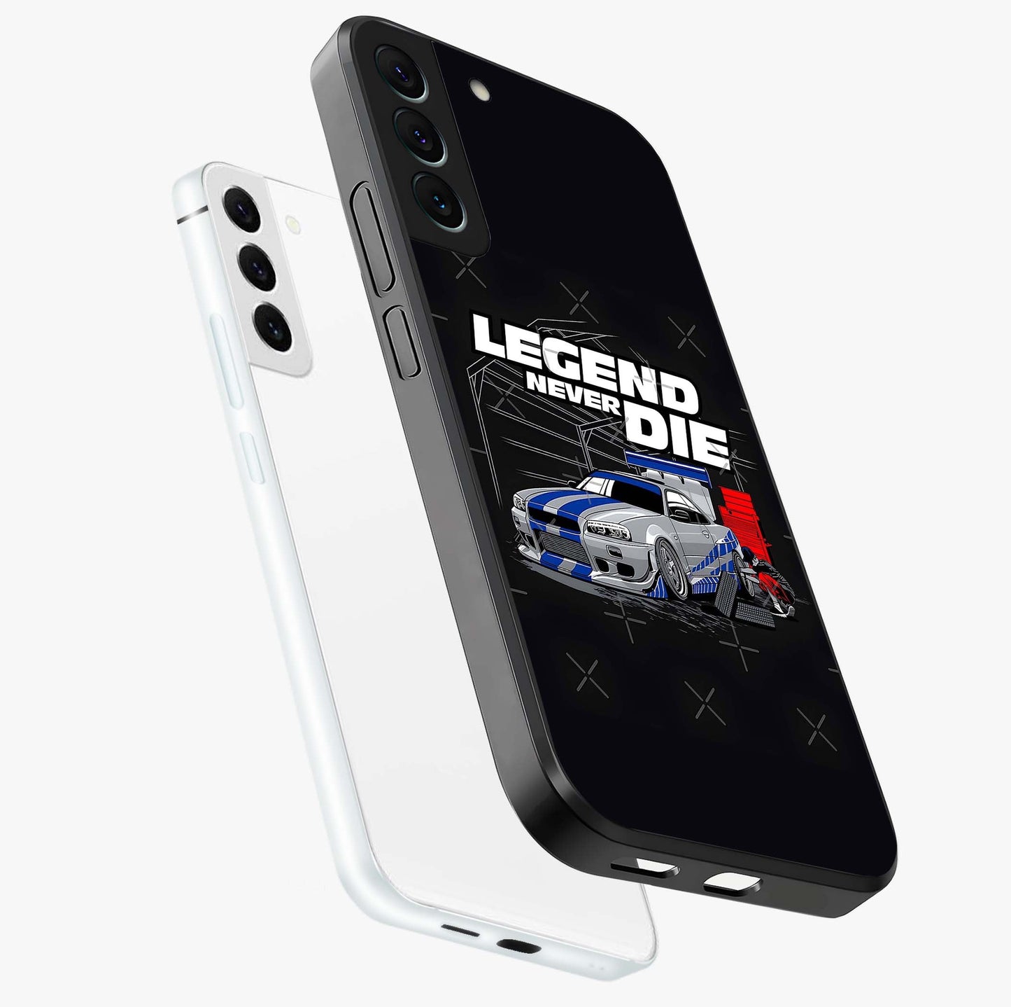 Midnight Racing Legacy Glass Case displayed in angled mockup highlighting dynamic automotive design with bold midnight aesthetic.