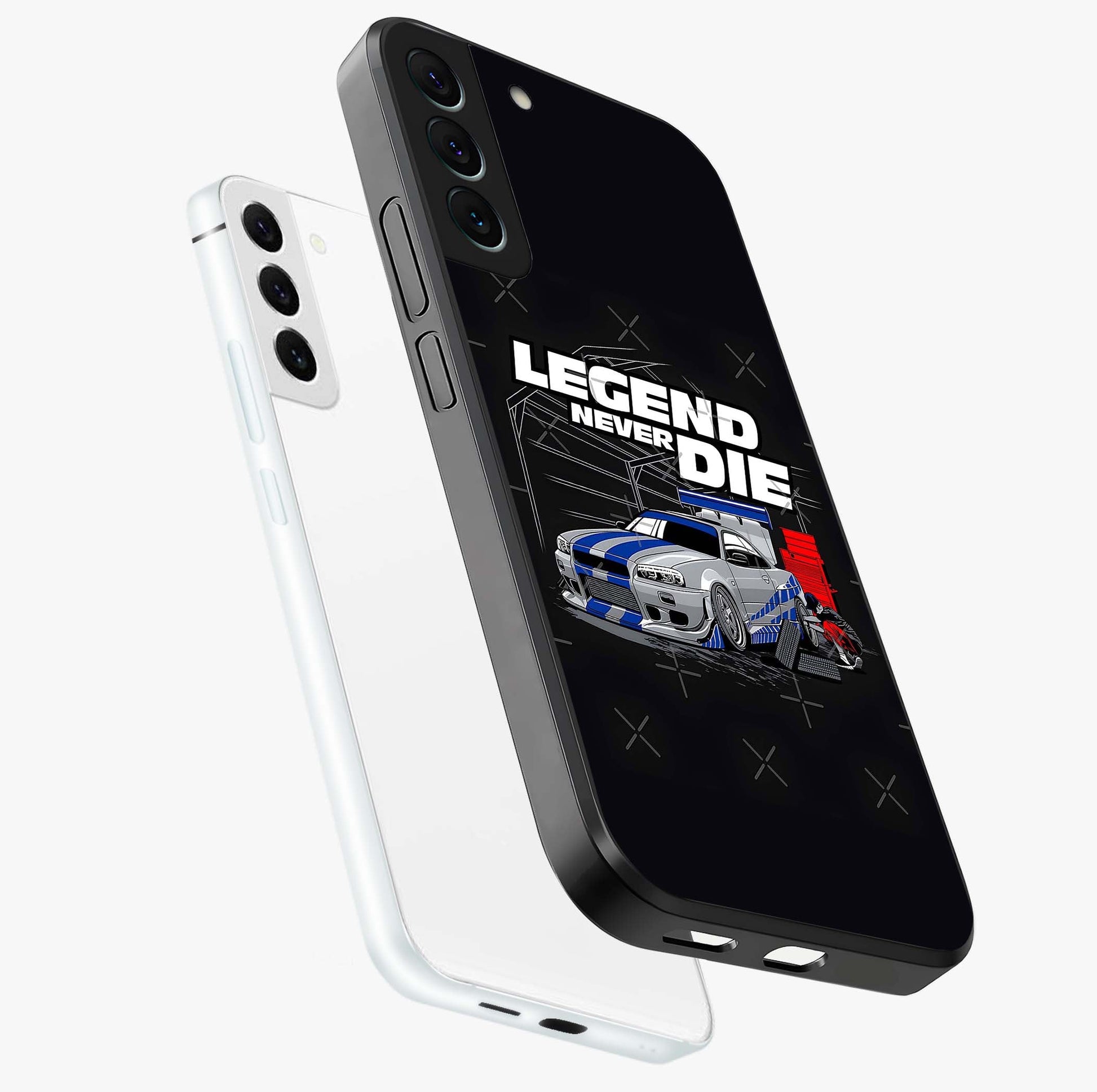 Midnight Racing Legacy Glass Case displayed in angled mockup highlighting dynamic automotive design with bold midnight aesthetic.