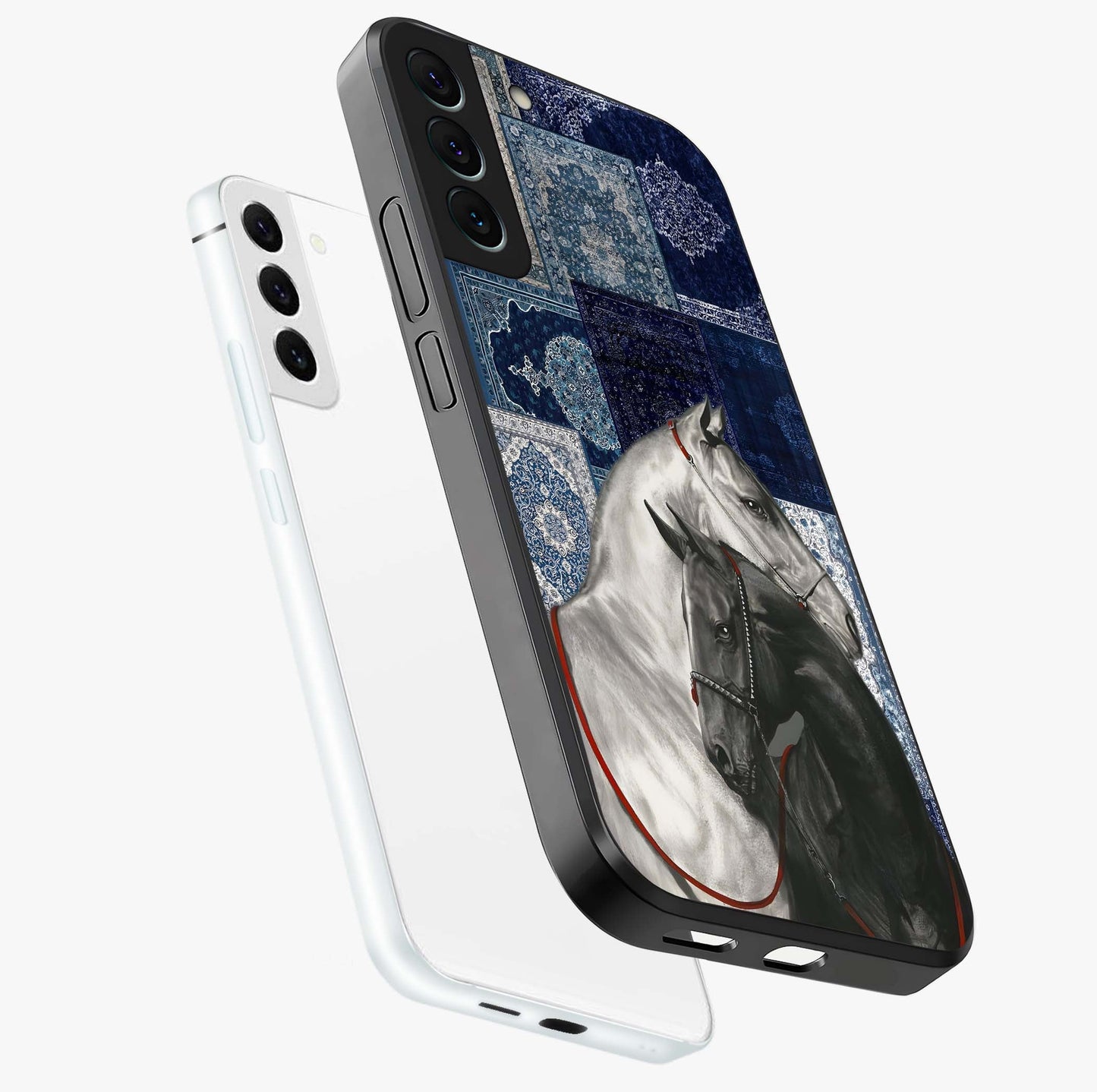 Midnight Stallion Blues Glass Case displayed in angled mockup highlighting powerful stallion illustration with deep midnight tones.