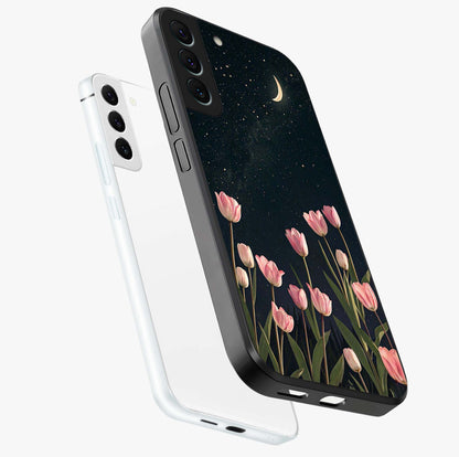 Midnight Tulip Whispers Vibe Glass Case displayed in angled mockup highlighting delicate tulip design with midnight floral aesthetic.
