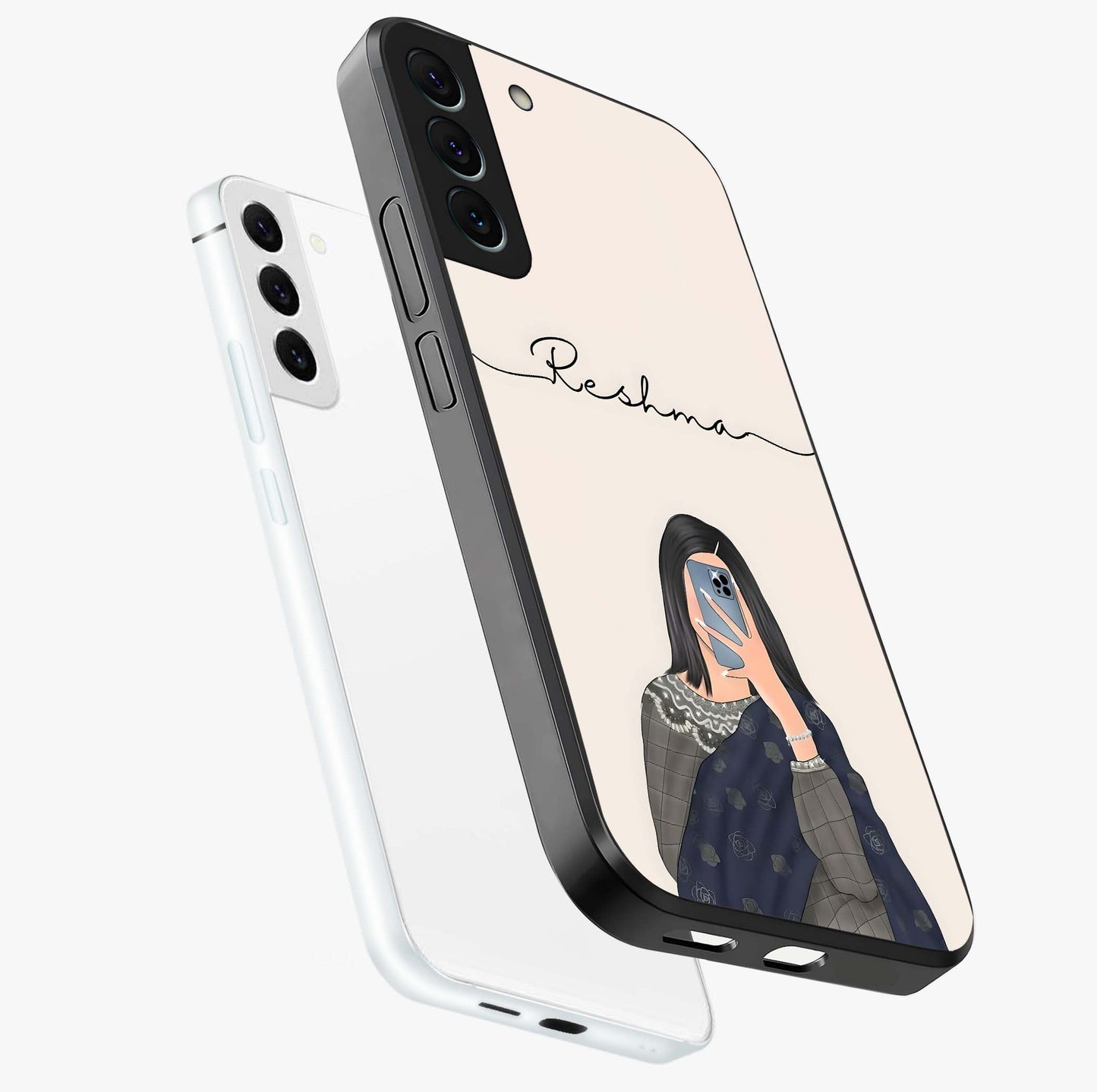 Mirror Mood Muse With Custom Name Glass Case displayed in angled mockup highlighting aesthetic mirror inspired design with custom name feature.