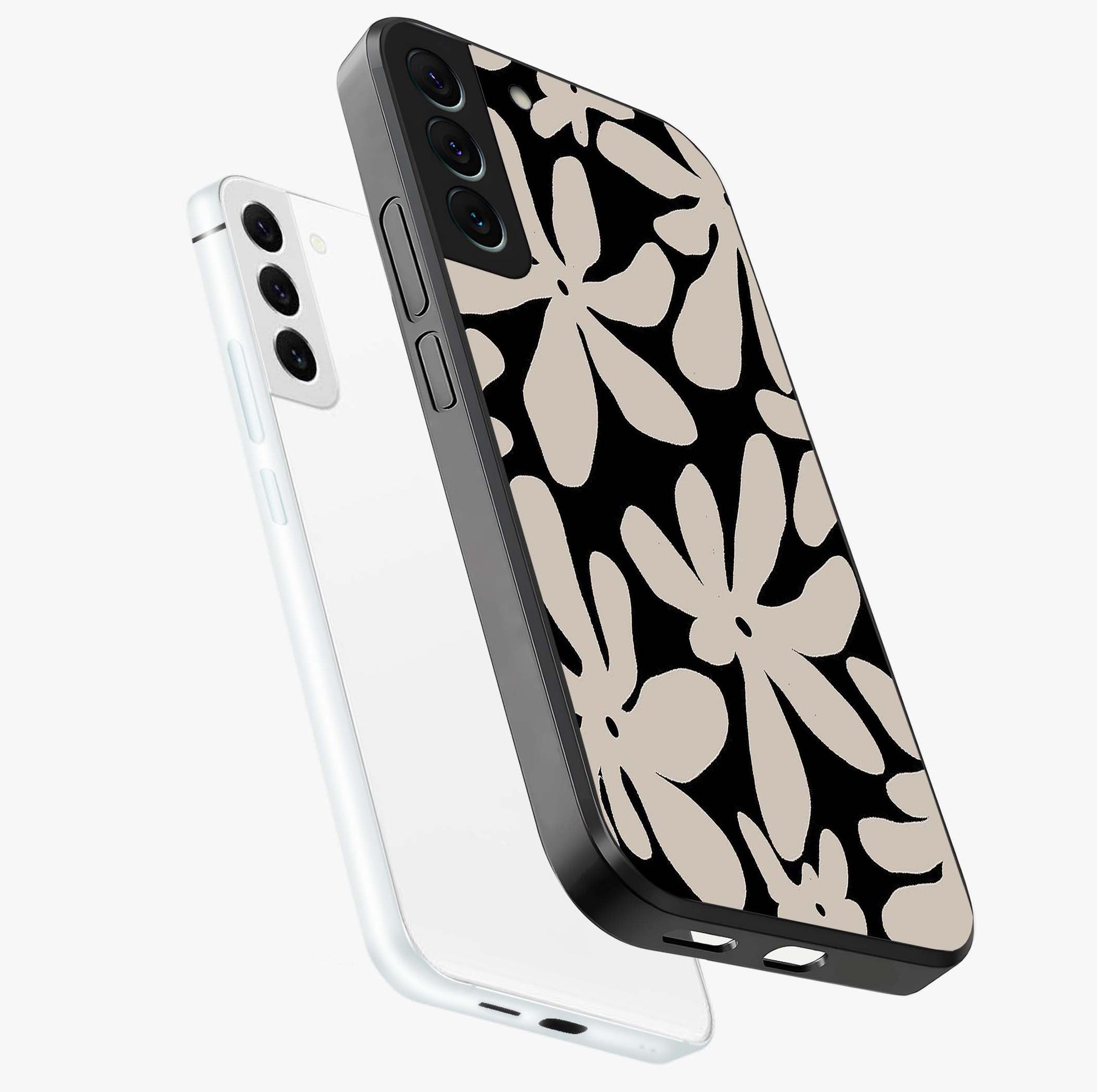 Monochrome Petal Dance Glass Case displayed in angled mockup highlighting elegant petal design with black and white aesthetic.