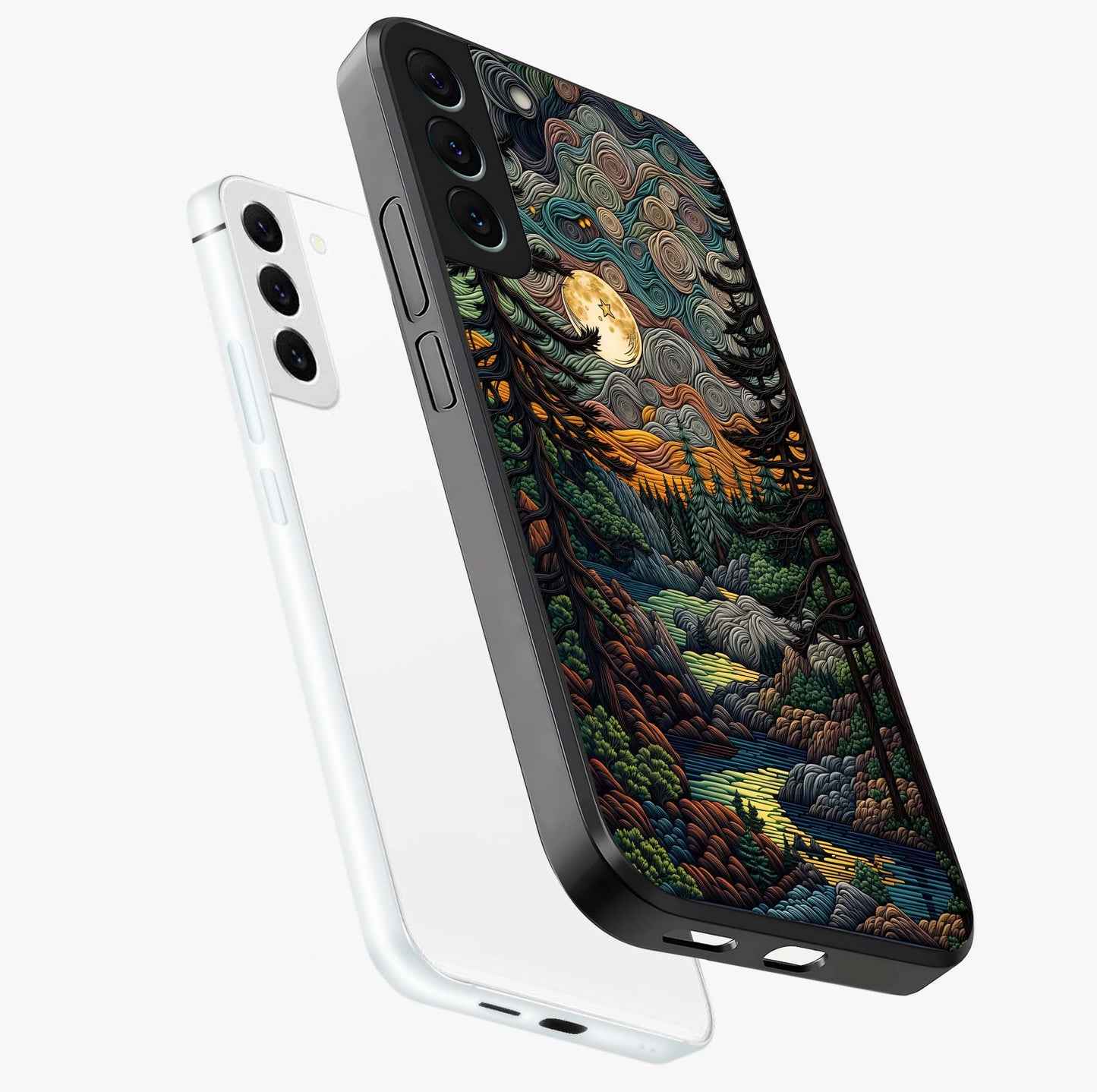Moonlight Forest Dream Glass Case displayed in angled mockup highlighting dreamy forest design with glowing moon aesthetic.