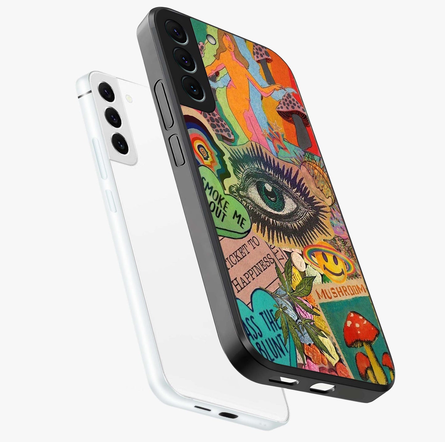 Mystic Eye Wonderland Glass Case displayed in angled mockup highlighting magical eye illustration with dreamy aesthetic.