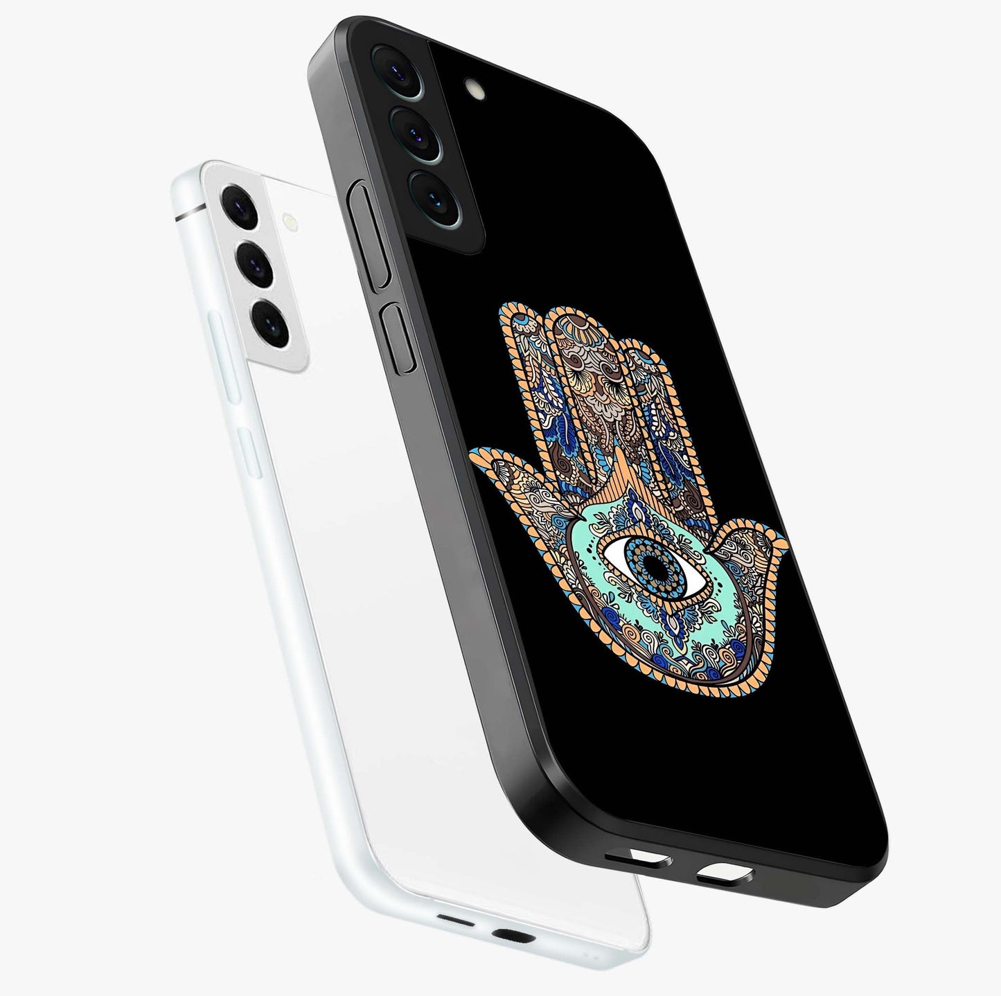 Mystic Hamsa Eye Glass Case displayed in angled mockup highlighting spiritual hamsa symbol with mystical aesthetic style.