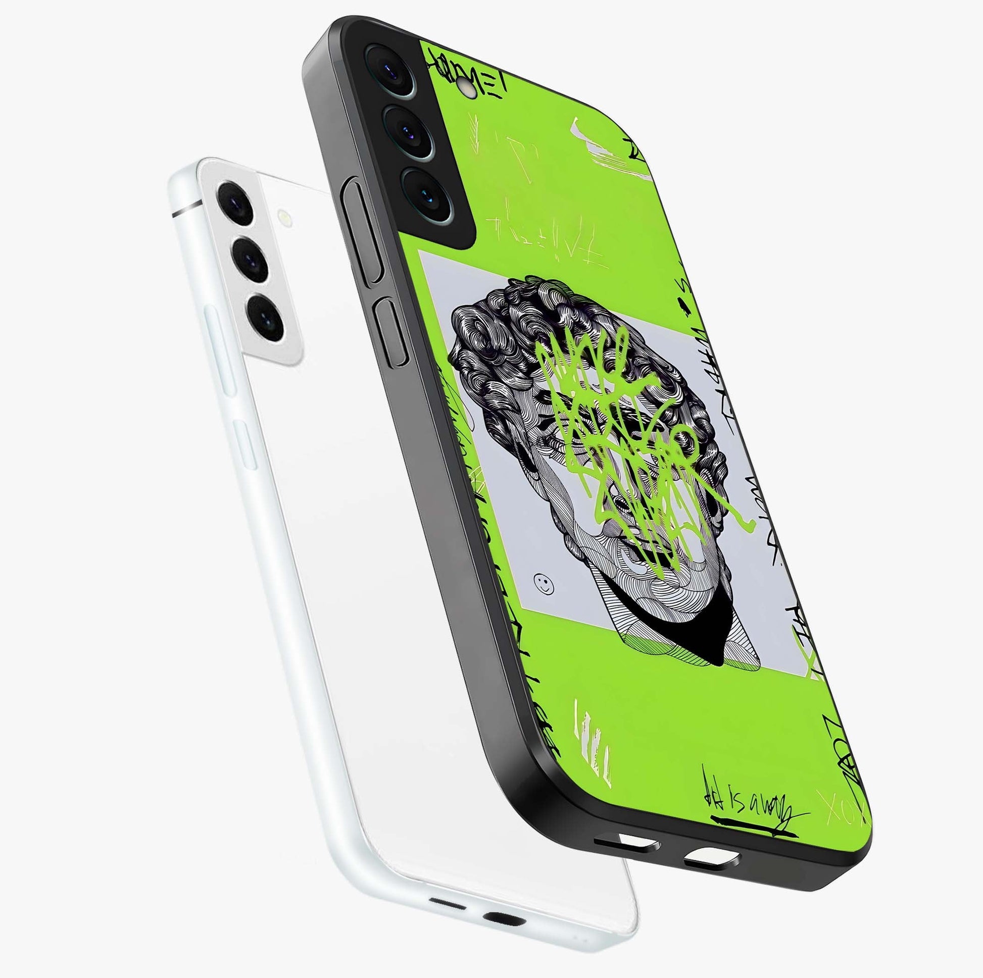Neo Graffiti Rebellion Glass Case displayed in angled mockup highlighting urban street art design with rebellious aesthetic.