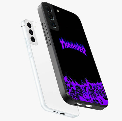 Neon Flame Riot Glass Case displayed in angled mockup highlighting glowing flame design with vibrant neon aesthetic.