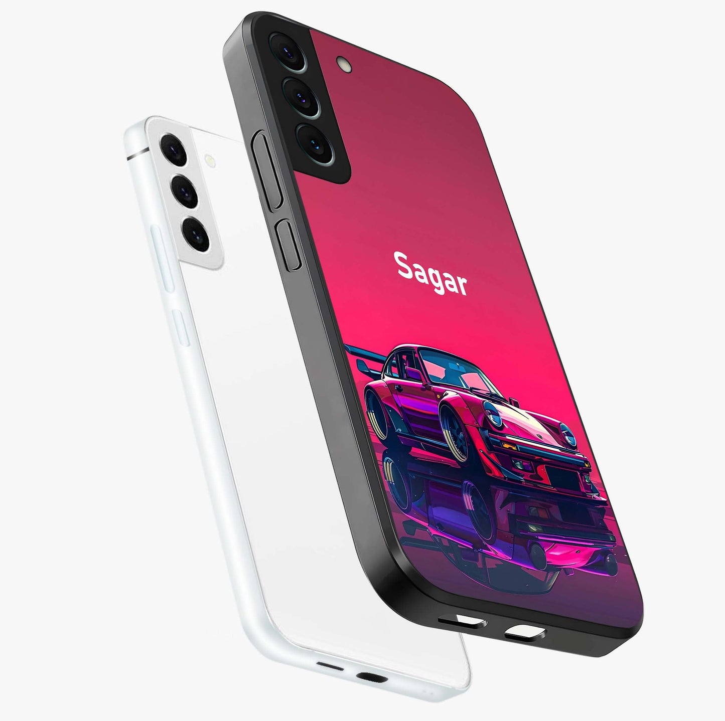 Neon Pink Porsche Glass Case displayed in angled mockup highlighting sleek neon pink car design with racing aesthetic.
