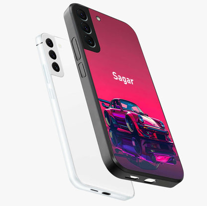 Neon Pink Porsche Glass Case displayed in angled mockup highlighting sleek neon pink car design with racing aesthetic.
