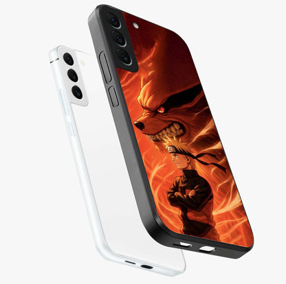 Nine Tails Legacy Glass Case displayed in angled mockup highlighting dynamic anime beast illustration with bold mystical aesthetic.