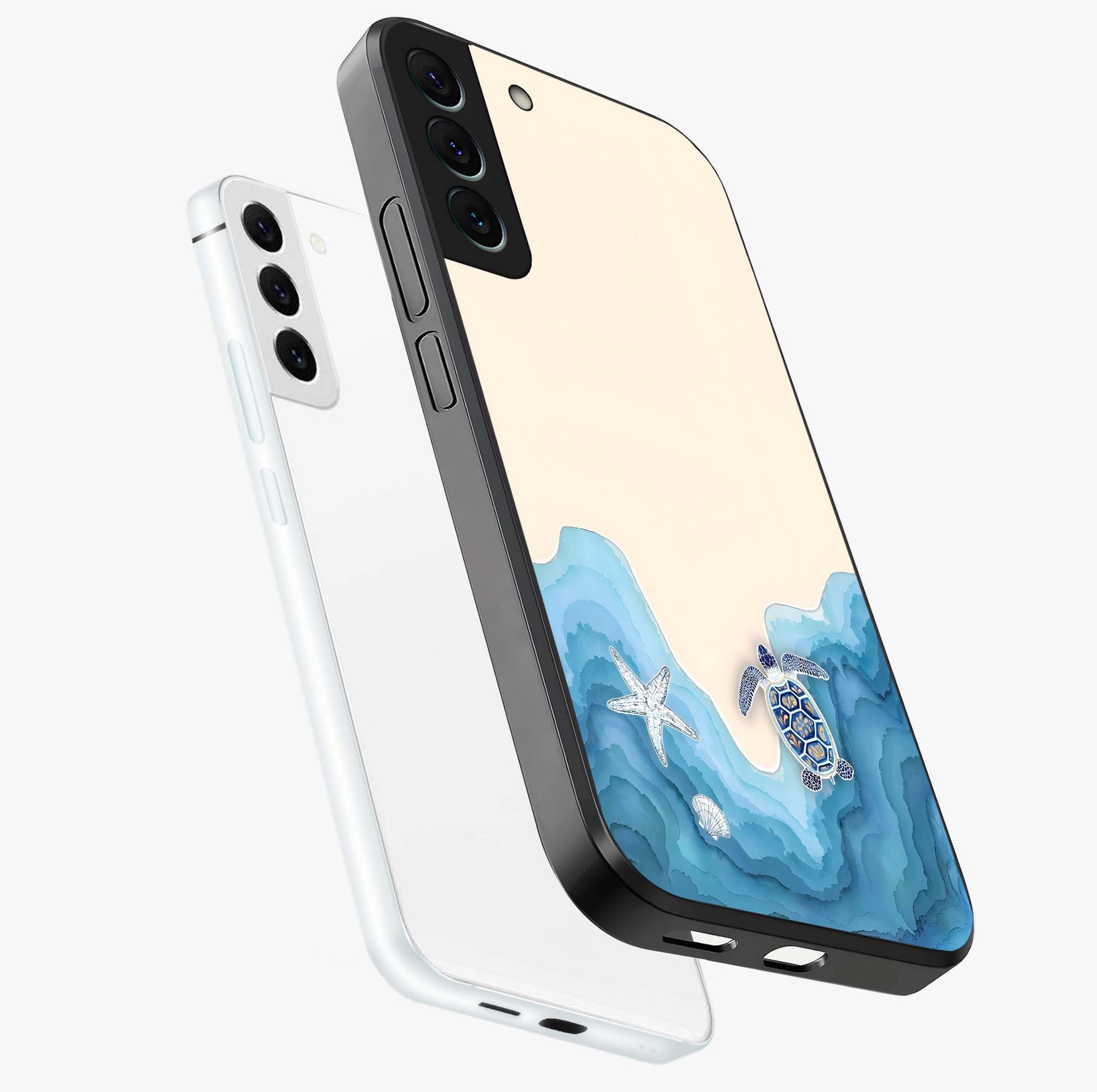 Ocean Drift Turtle Glass Case displayed in angled mockup highlighting peaceful ocean turtle illustration with marine aesthetic.
