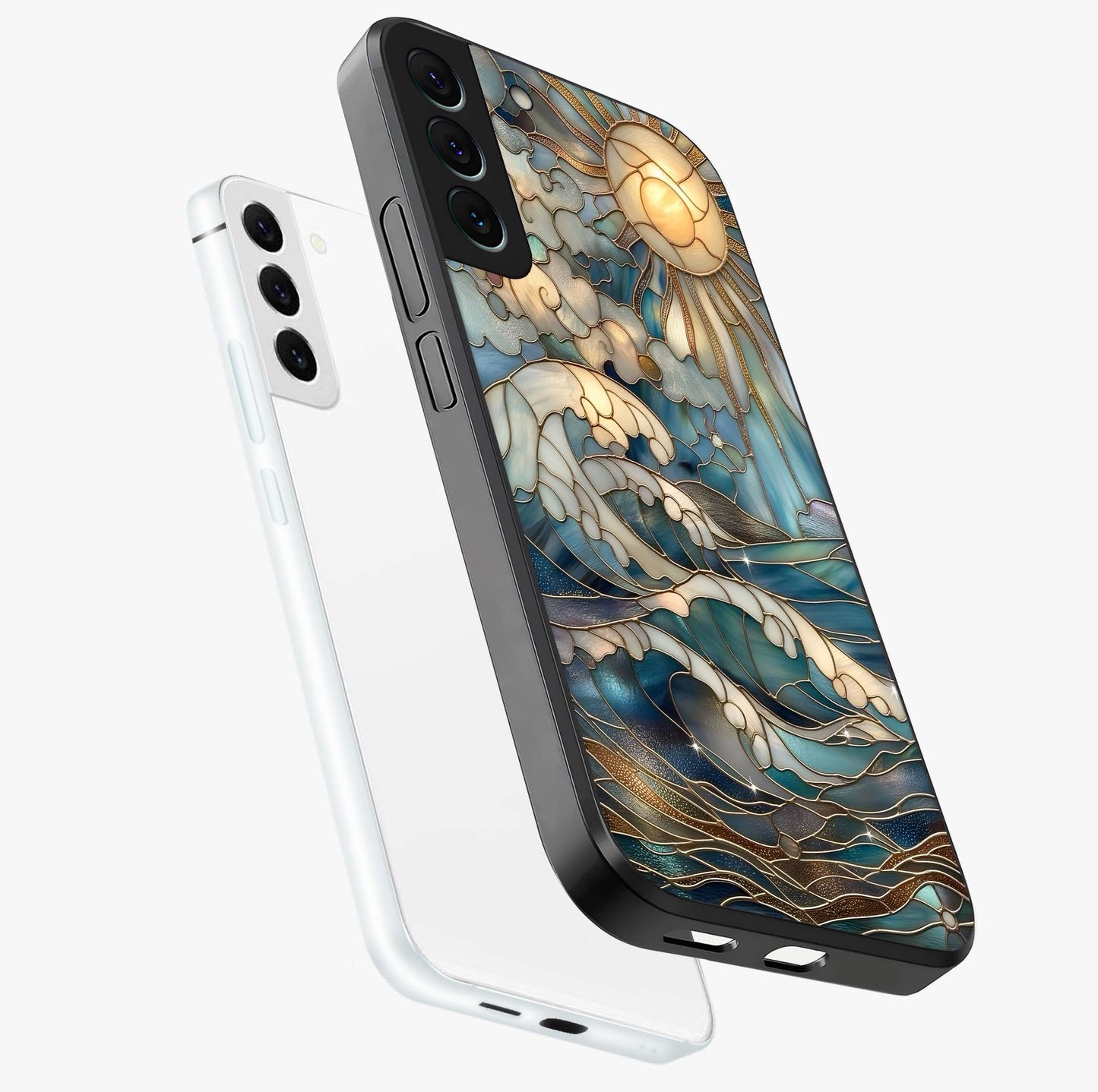 Oceanic Stained Printed Glass Case displayed in angled mockup highlighting colorful aquatic design with artistic aesthetic style.