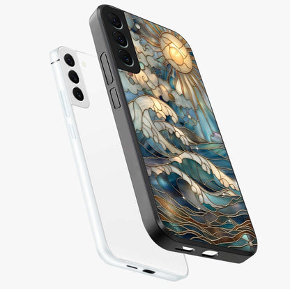 Oceanic Stained Printed Glass Case displayed in angled mockup highlighting colorful aquatic design with artistic aesthetic style.
