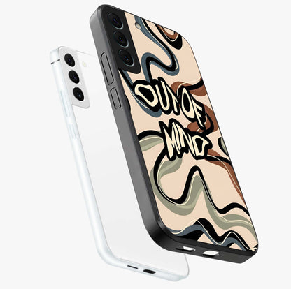 Out Of Mind Glass Case displayed in angled mockup highlighting bold statement design with modern artistic aesthetic.