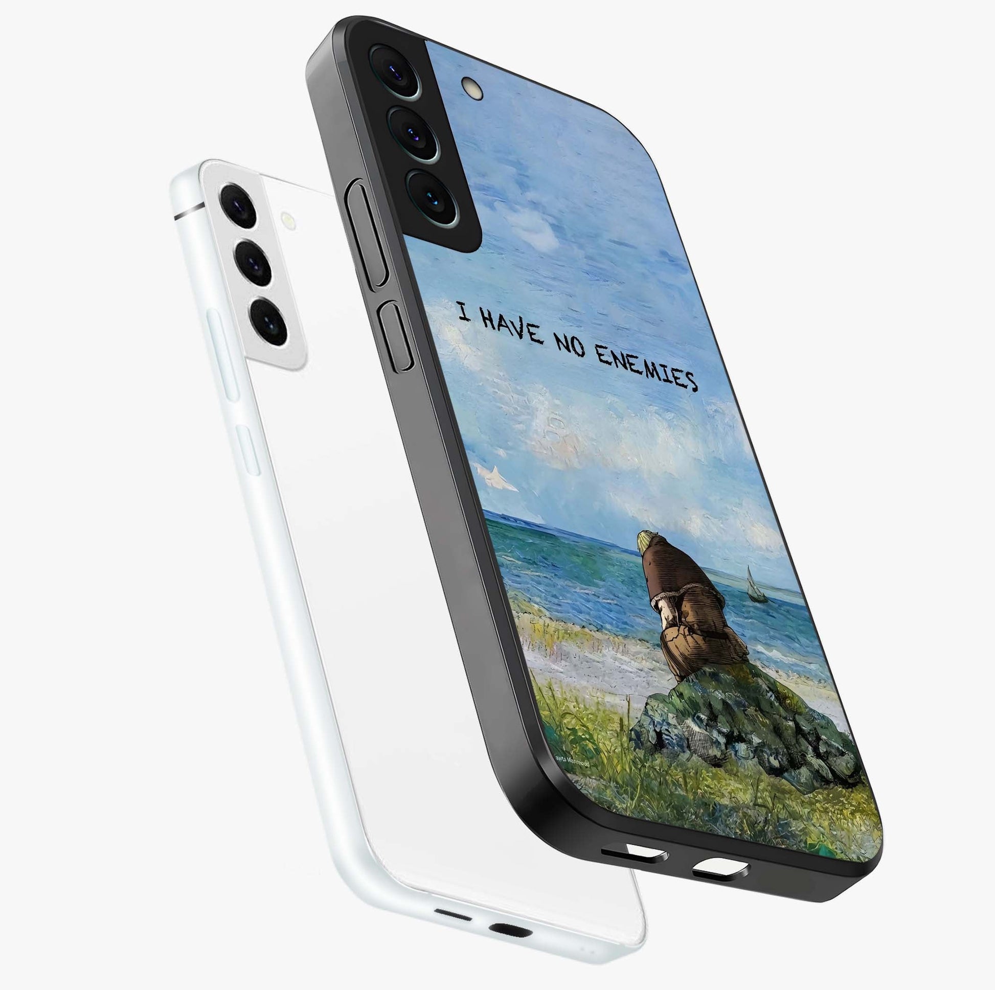 Peace Beyond War Glass Case displayed in angled mockup highlighting meaningful message design with artistic aesthetic style.
