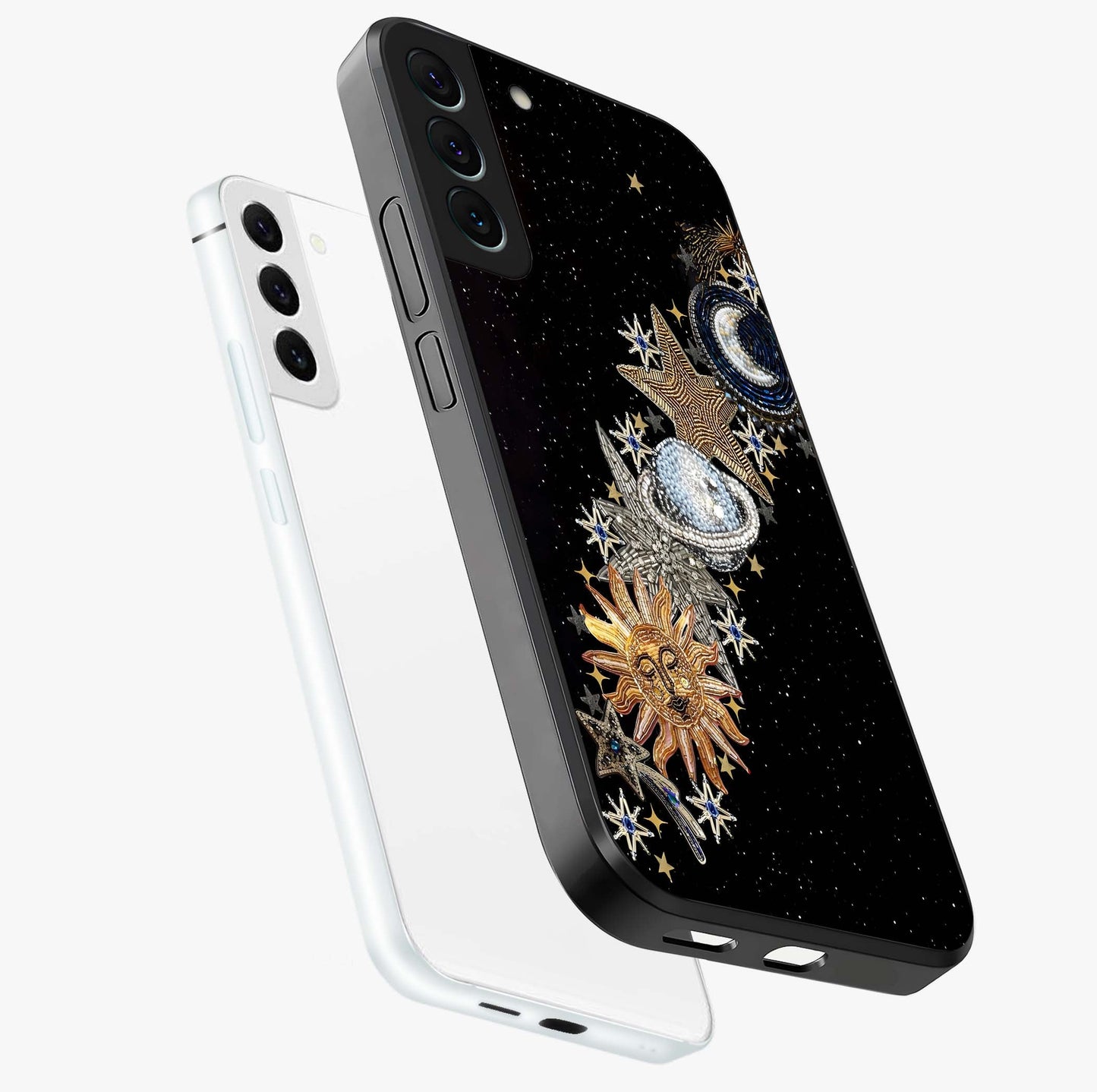 Pearls Universe Object Glass Case displayed in angled mockup highlighting celestial pearl design with dreamy aesthetic.