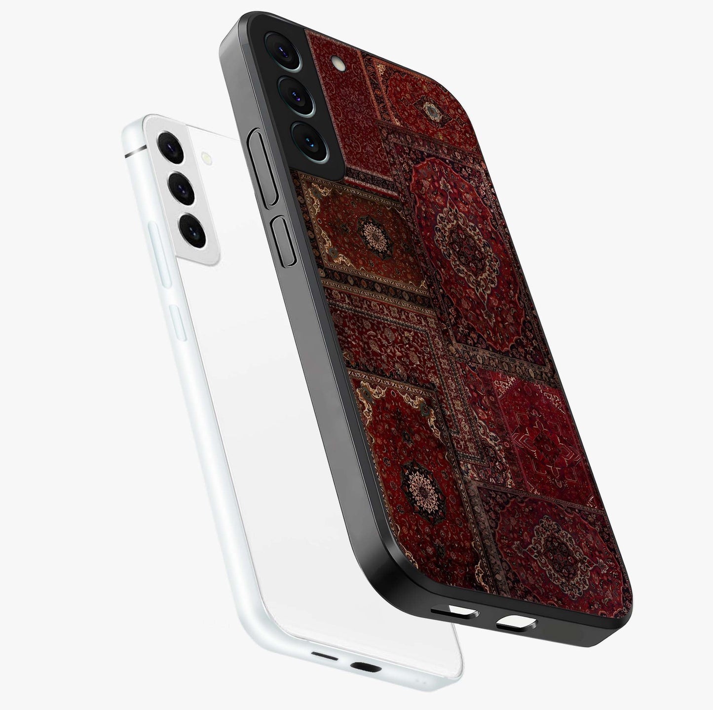 Persian Velvet Tale Glass Case displayed in angled mockup highlighting ornate textile inspired design with royal aesthetic.