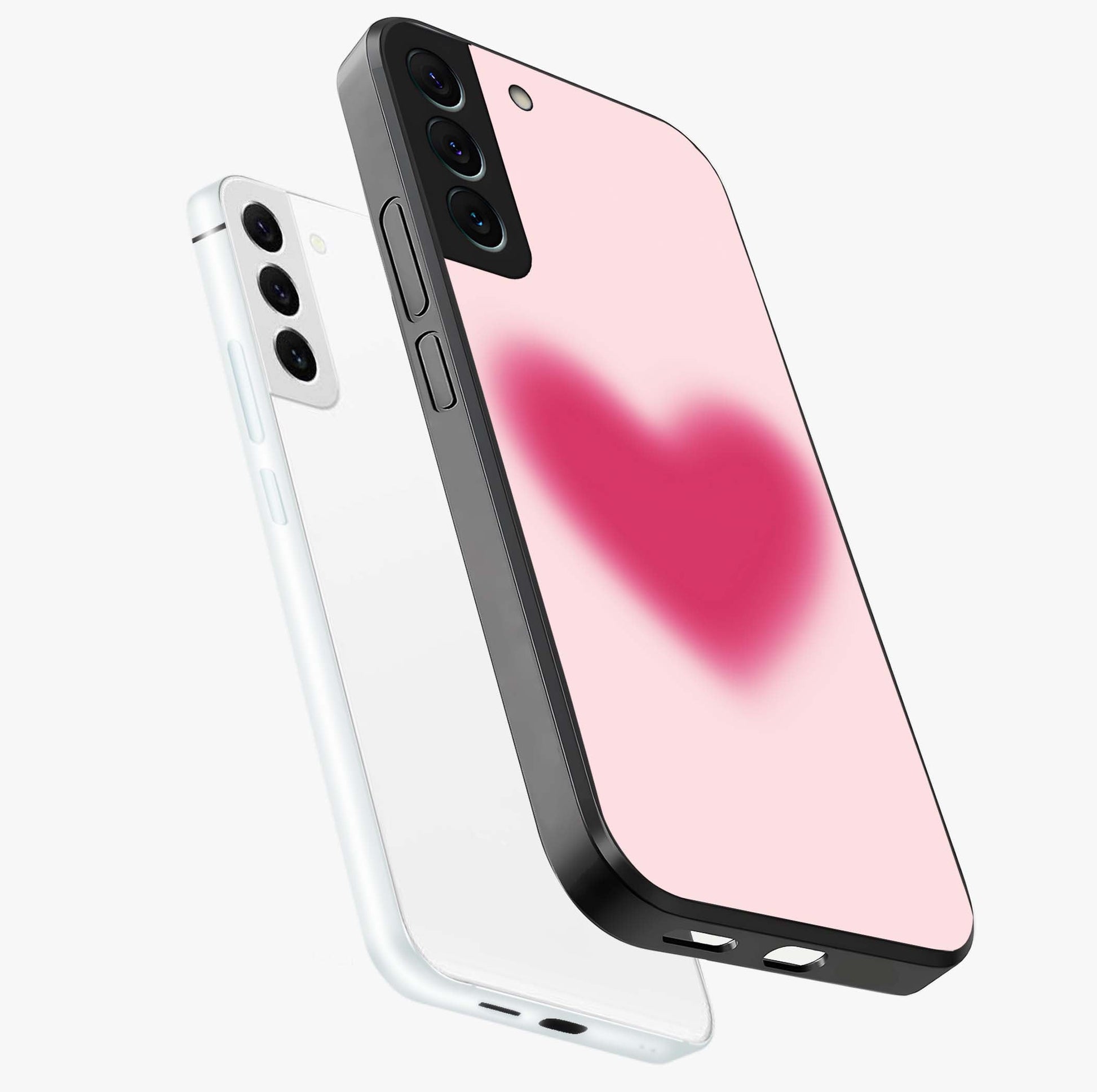 Pink Aura Heart Glass Case displayed in angled mockup highlighting vibrant pink heart design with dreamy aura aesthetic.