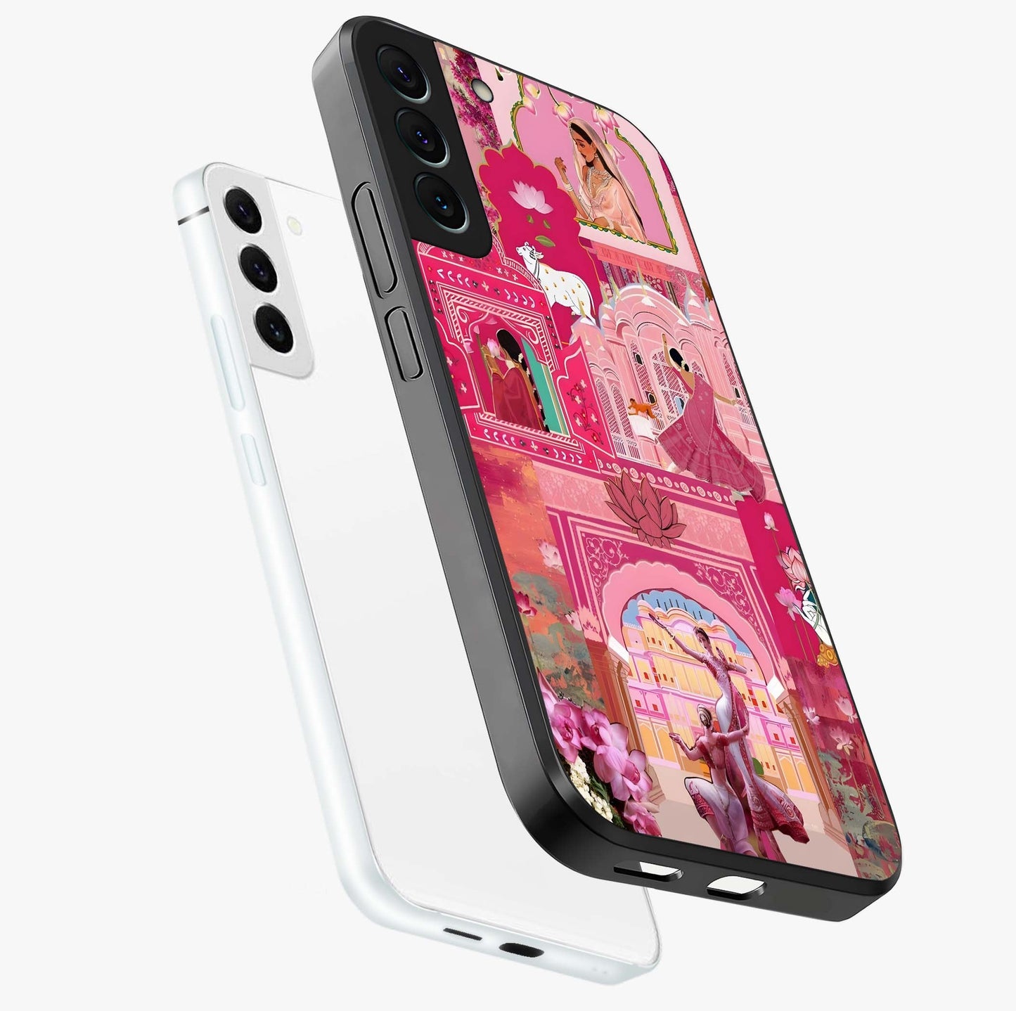 Pink Palace Muse Glass Case displayed in angled mockup highlighting dreamy palace illustration with soft pink aesthetic.