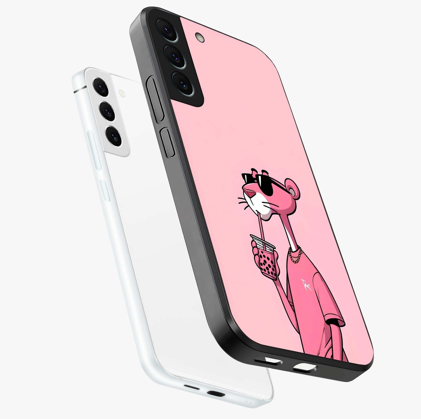 Pink Panther Glass Case displayed in angled mockup highlighting playful cartoon character design with vibrant pink aesthetic.