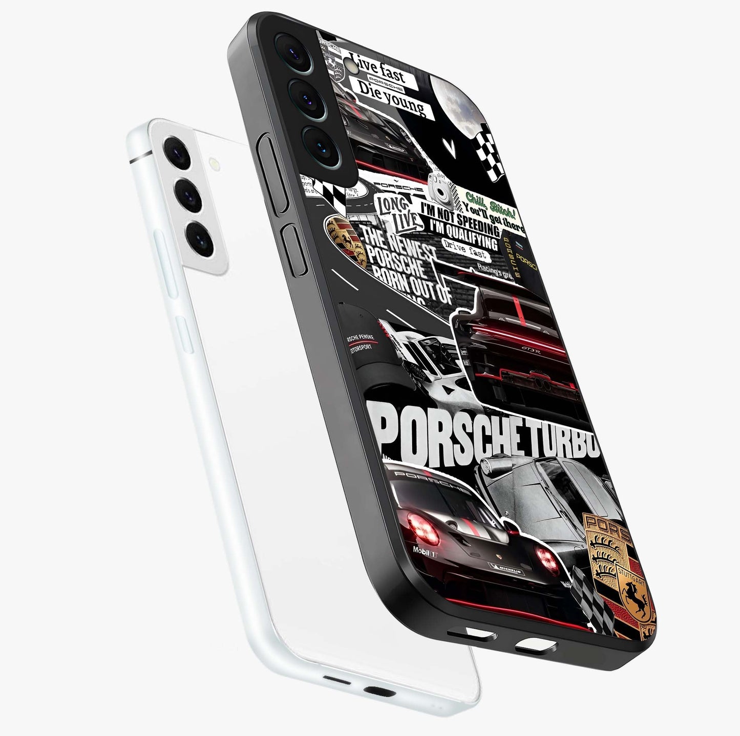 Porsche Racing Collage Glass Case displayed in angled mockup highlighting dynamic automotive design with bold racing aesthetic.
