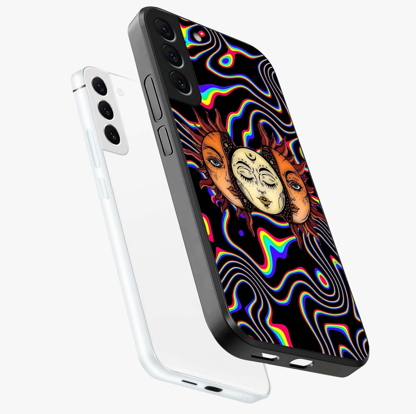 Psychedelic Sun Glass Case displayed in angled mockup highlighting vibrant abstract sun design with artistic aesthetic style.