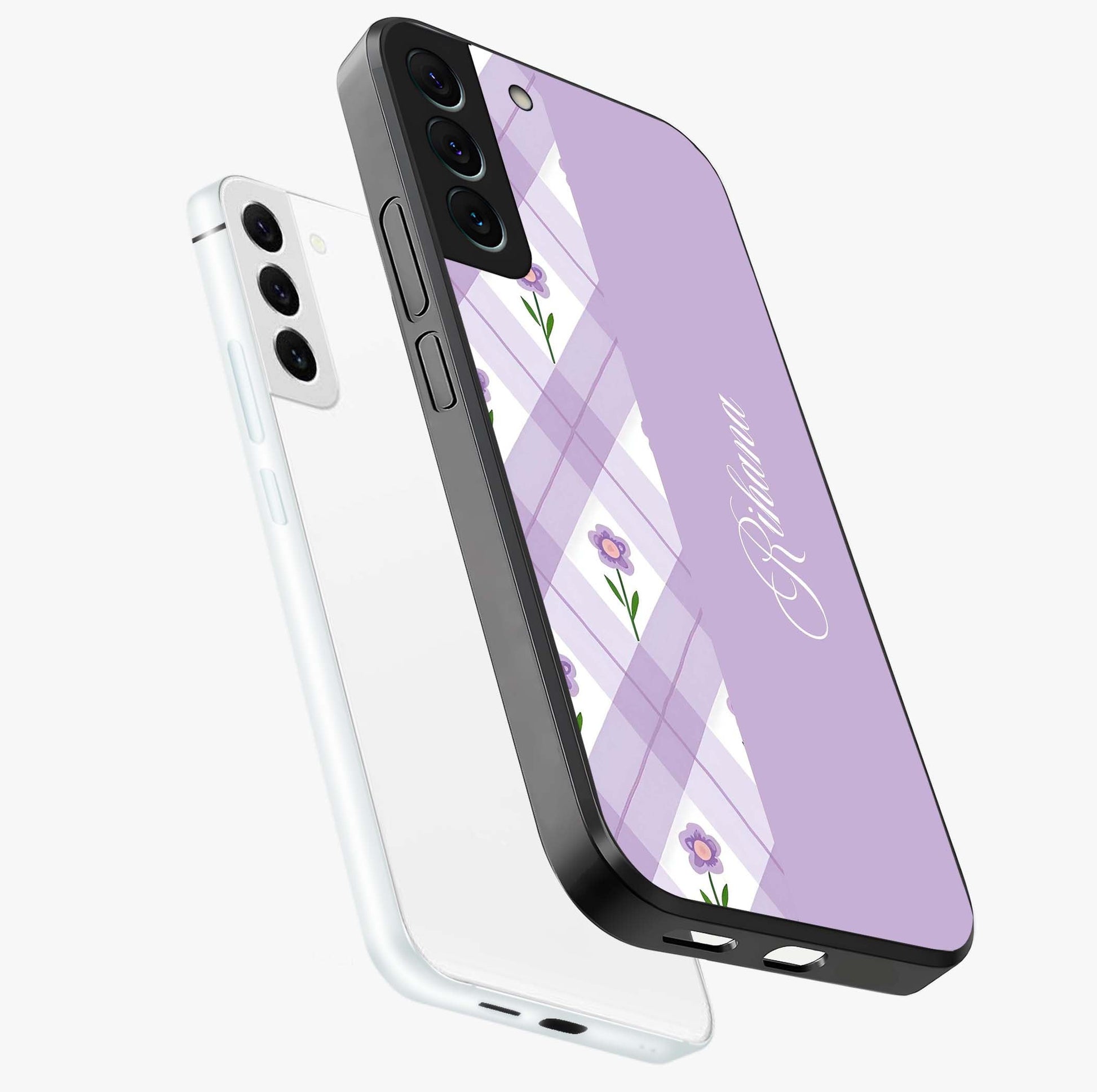 Purple Diamond Floral Glass Case displayed in angled mockup highlighting elegant purple flower design with decorative pattern.