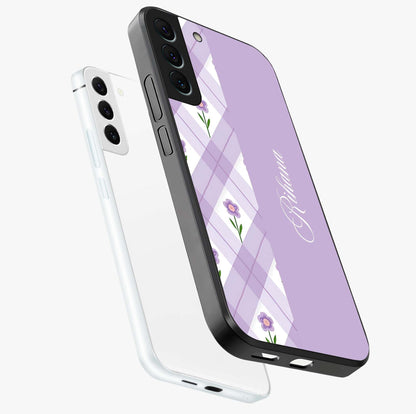 Purple Diamond Floral Glass Case displayed in angled mockup highlighting elegant purple flower design with decorative pattern.