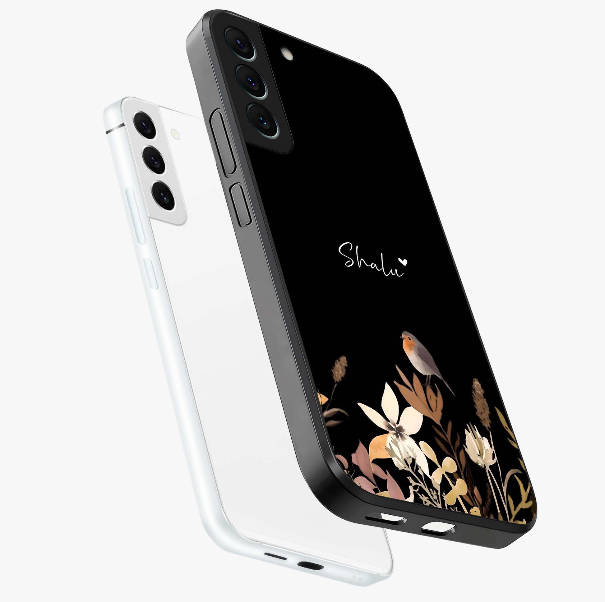 Quiet Garden Tune Custom Name Glass Case displayed in angled mockup highlighting delicate floral garden design with custom name feature.