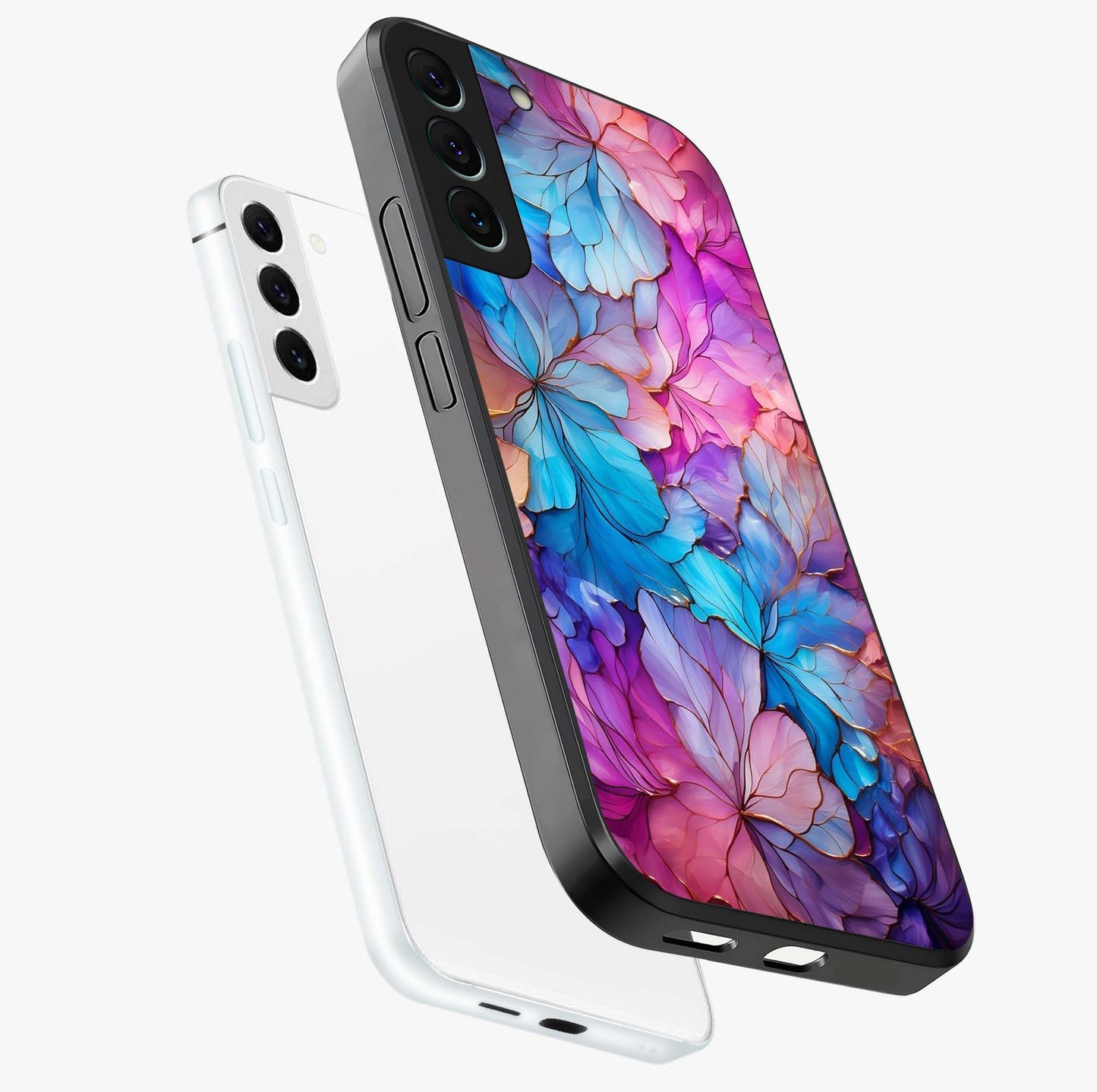 Radiant Floral Whirl Glass Case displayed in angled mockup highlighting vibrant flower pattern with dynamic artistic aesthetic.