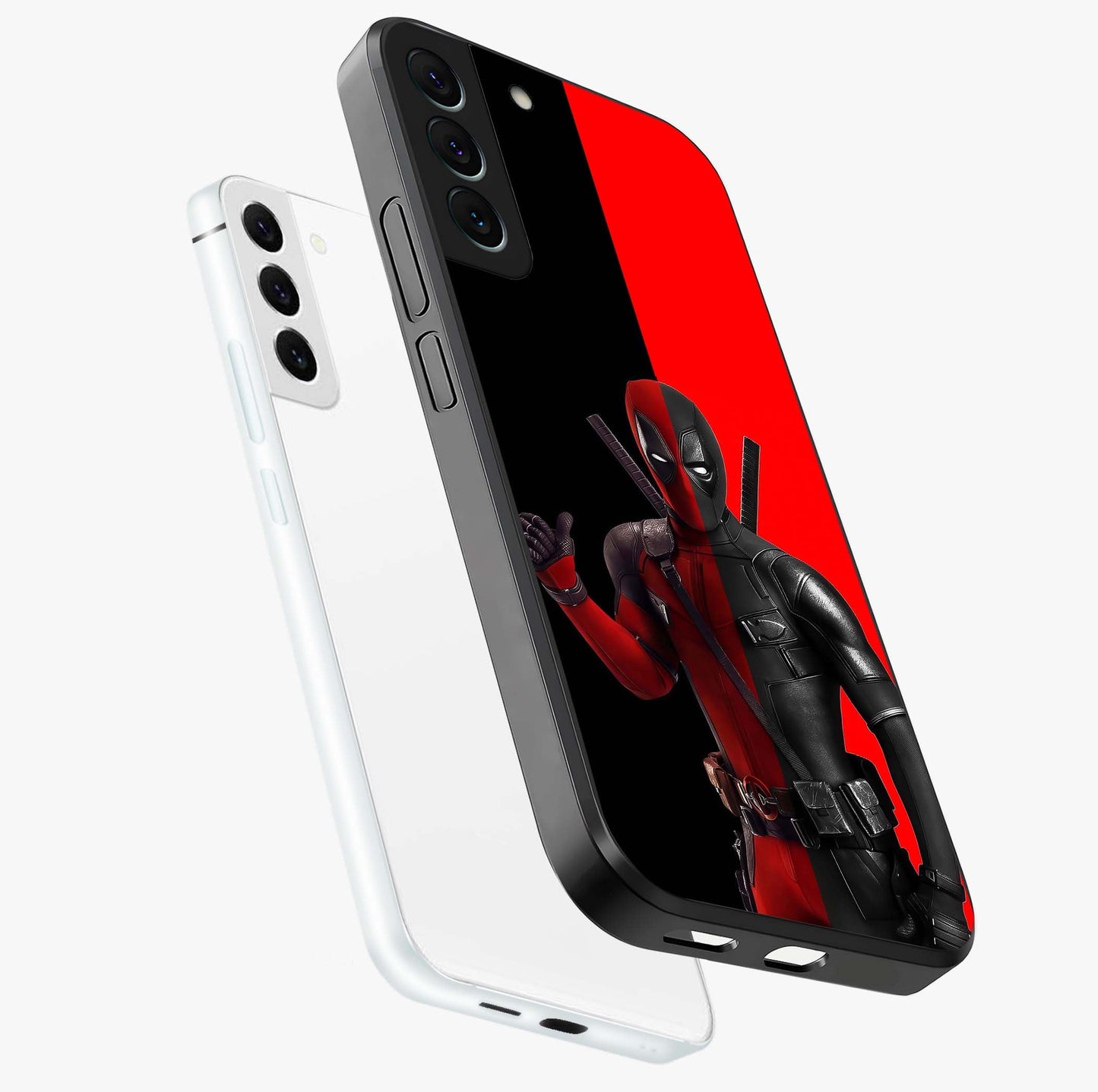 Red & Black Deadpool Theme Glass Case displayed in angled mockup highlighting vibrant superhero style illustration with action aesthetic.