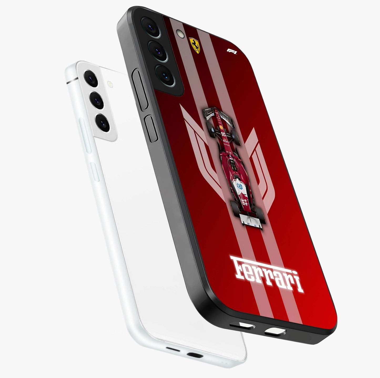 Red Ferrari F1 Vertical Glass Case displayed in angled mockup highlighting high speed racing design with bold automotive aesthetic.