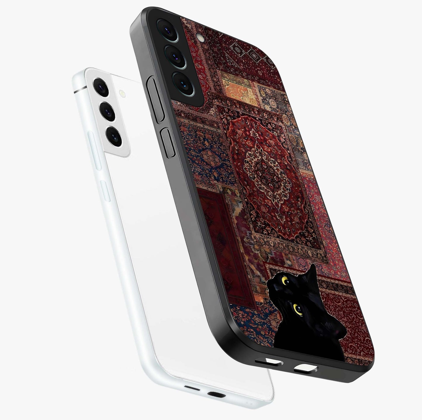Regal Magic Cat Apple Glass Case displayed in angled mockup highlighting whimsical feline design with fantasy aesthetic.