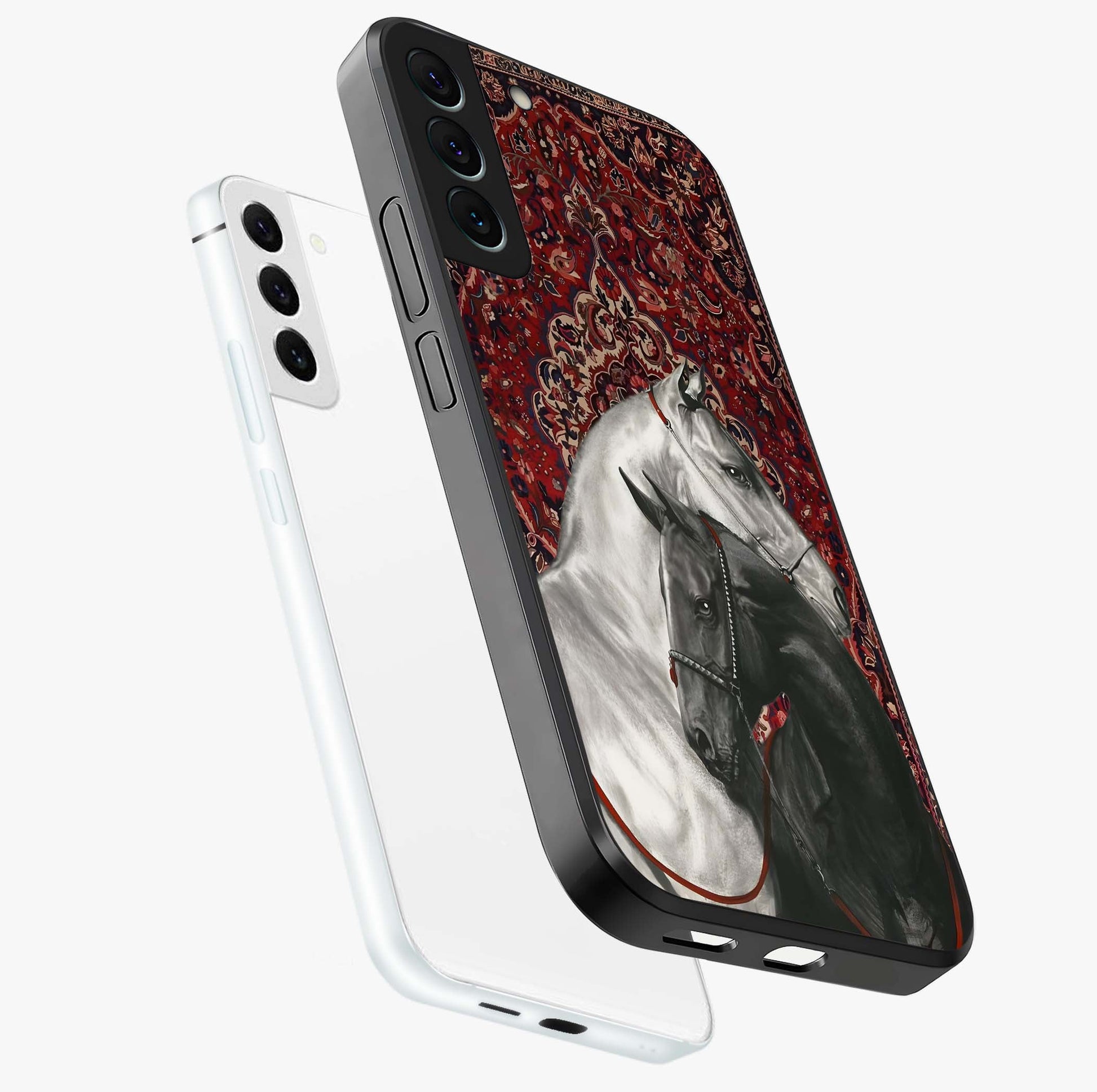 Regal Stallion Tapestry Glass Case displayed in angled mockup highlighting royal stallion design with decorative heritage aesthetic.