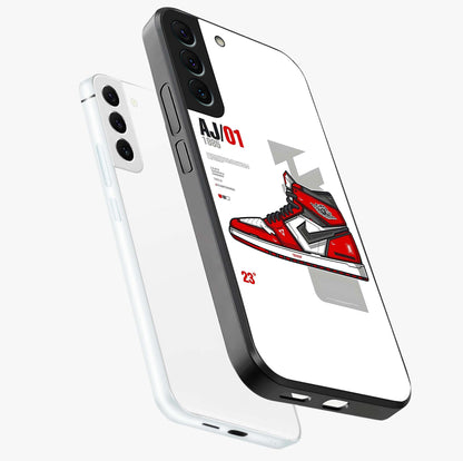 Retro Sneaker Blueprint Glass Case displayed in angled mockup highlighting detailed shoe design with sporty retro aesthetic.
