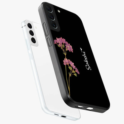 Riching Lavender Flower Custom Name Glass Case displayed in angled mockup highlighting delicate lavender flower design with custom name feature.