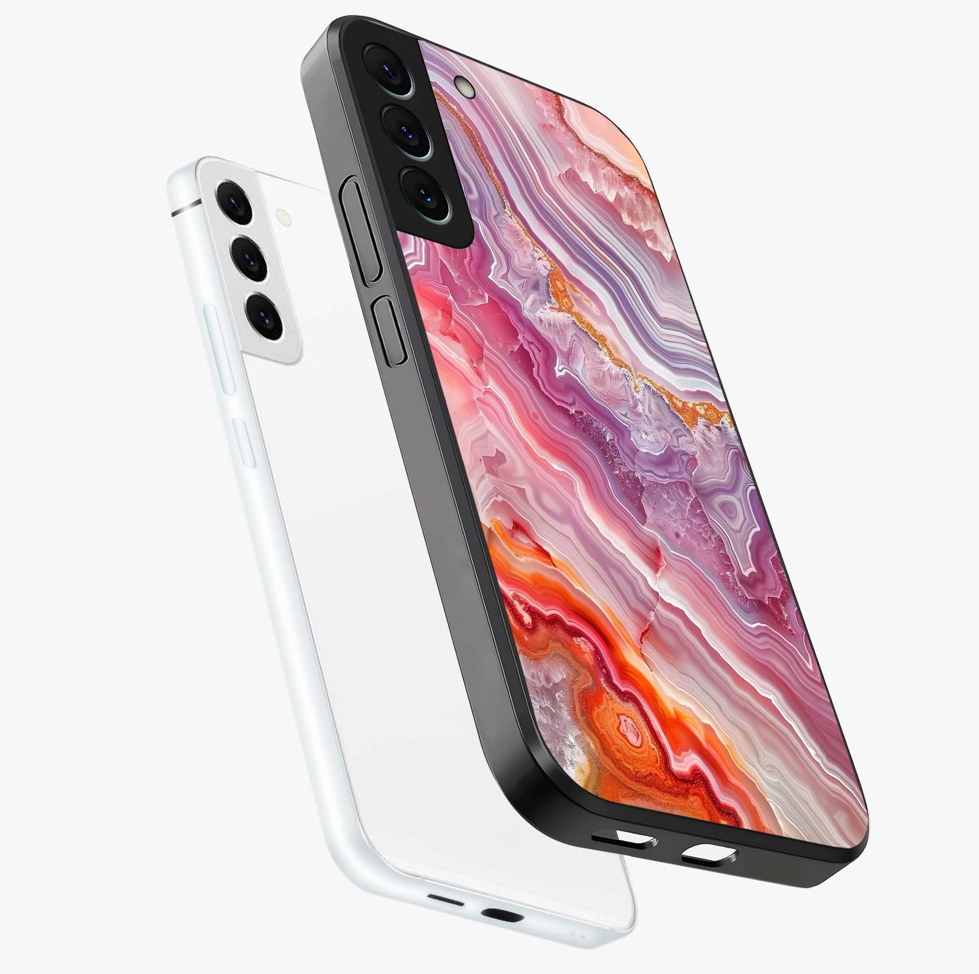 Rose Quartz Marble Glass Case displayed in angled mockup highlighting elegant marble pattern with soft aesthetic style.