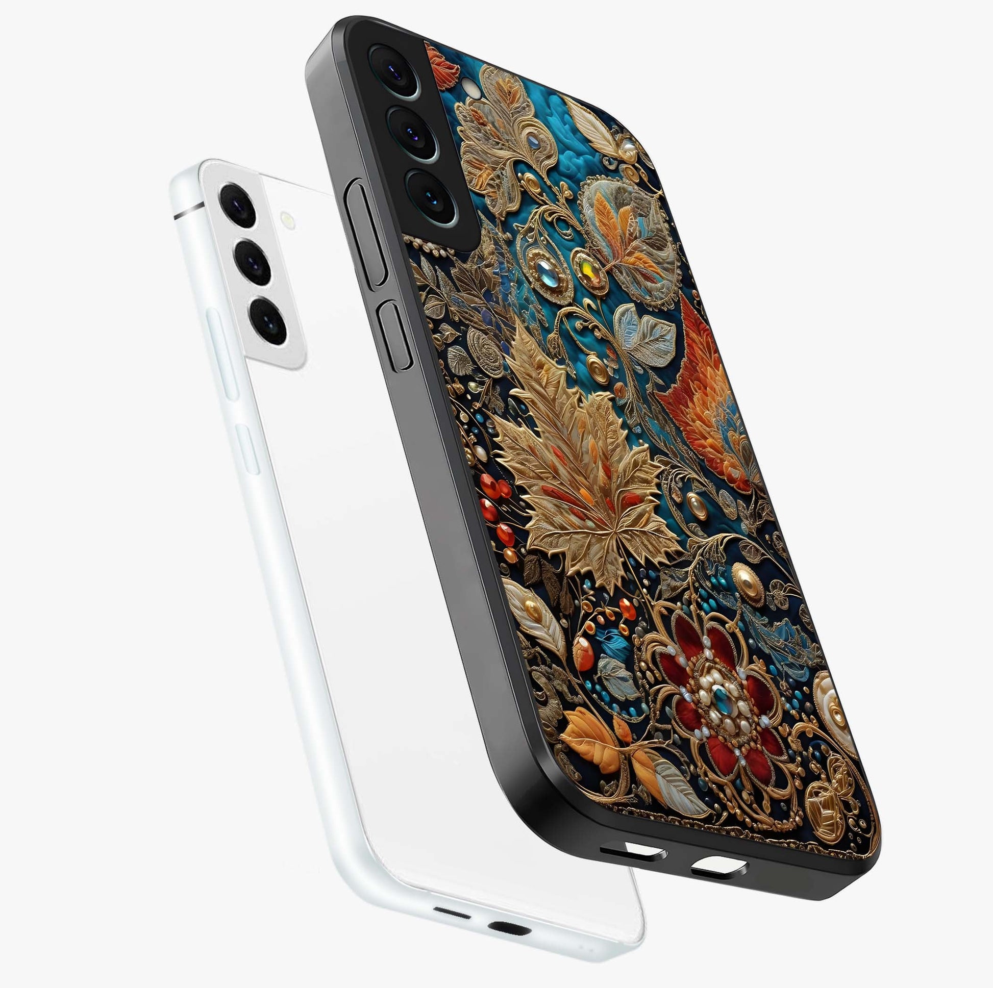 Royal Jewel Garden Glass Case displayed in angled mockup highlighting vibrant jewel inspired floral design with elegant aesthetic.