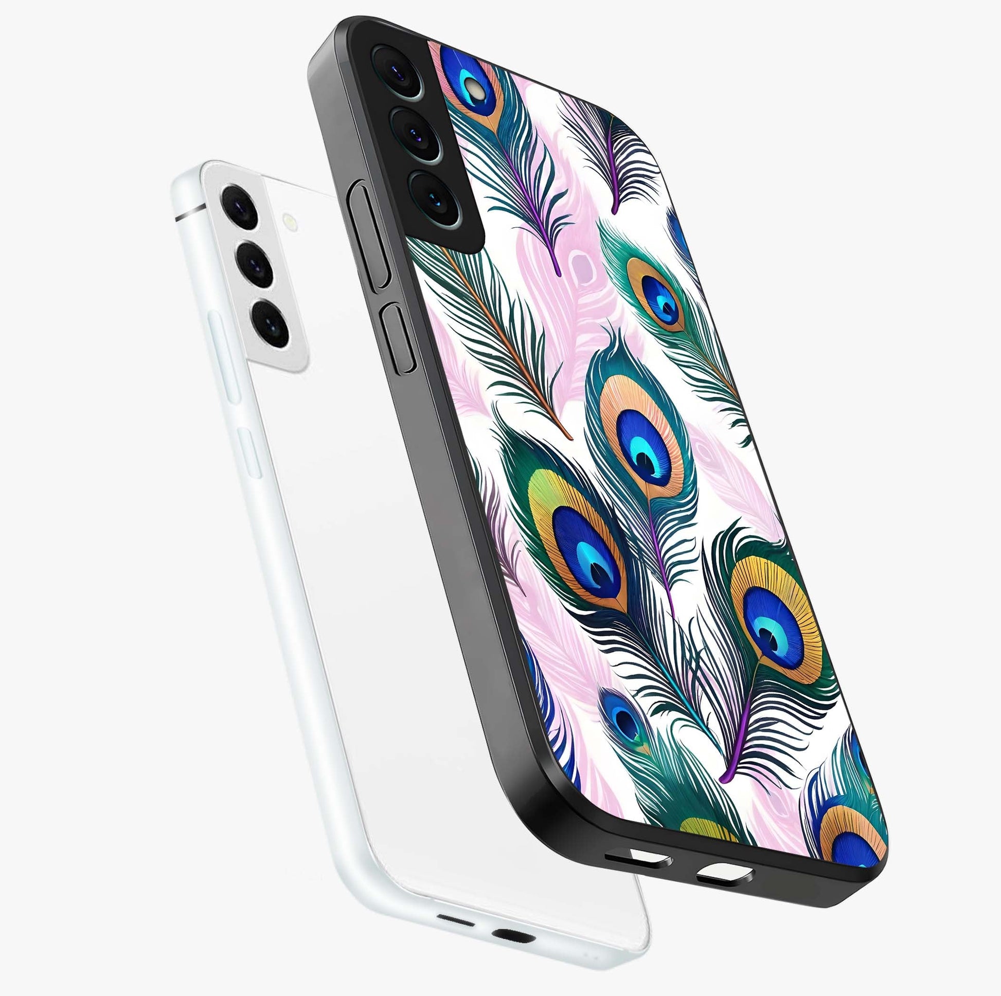 Royal Peacock Feathers Glass Case displayed in angled mockup highlighting vibrant feather pattern with regal aesthetic style.
