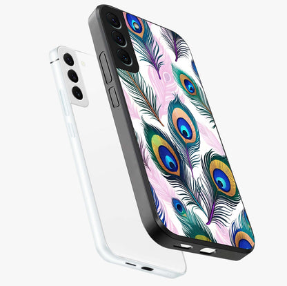 Royal Peacock Feathers Glass Case displayed in angled mockup highlighting vibrant feather pattern with regal aesthetic style.