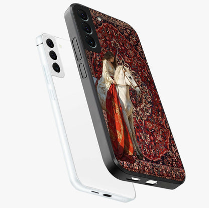 Royal Rider Tapestry Glass Case displayed in angled mockup highlighting traditional tapestry design with royal heritage aesthetic.
