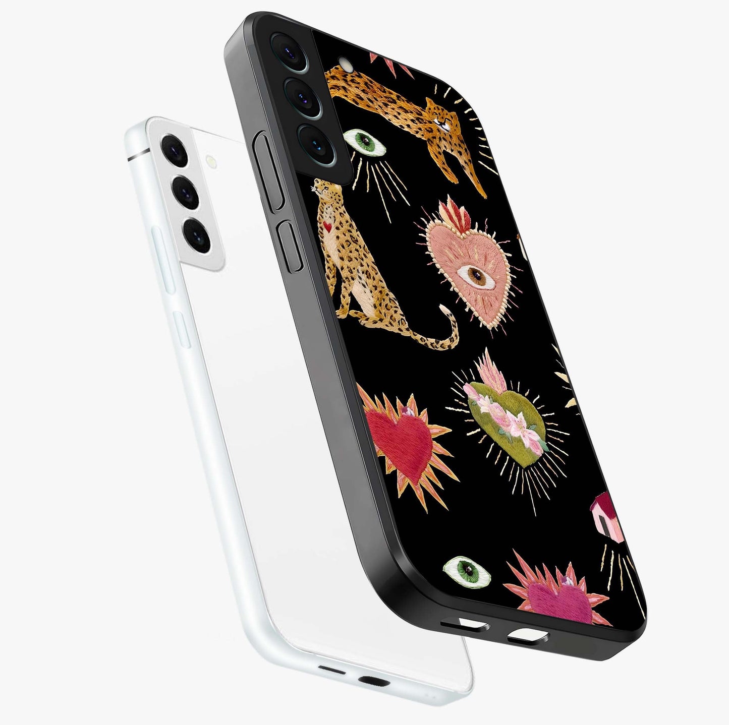 Sacred Jungle Heart Glass Case displayed in angled mockup highlighting lush tropical design with natural aesthetic style.